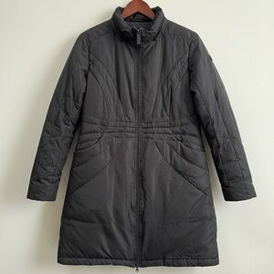 Longline Hoodless Down Puffer Coat Cinched Waist Slimming Black M/L